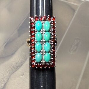 Vintage Turquoise Cabochon & Garnet Ring Sterling Silver Size 5.5